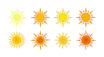 A set of eight handdrawn sun illustrations in varying shades of yellow and orange, isolated on, each with a unique, slightly imperfect design