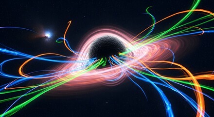 Abstract black hole surrounded by a glowing accretion disk and colorful streaking light trails, symbolizing deep space, data flow, internet communication, and powerful digital energy