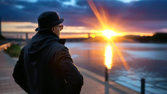Anonymous observer silhouette with defocused figure and sharp cinematic river sunset with brilliant flares visible, with copy space