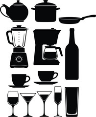 Silhouette Vector Set of Kitchen Appliances, Beverages, Drinkware, and Cooking Equipment for Home and Cafe Design.