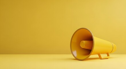 Yellow megaphone on yellow background amplifying voice and creating attention for announcement or promotion with copy space offering message