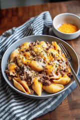 Fictional Crockpot Cheesy Ranch Beef Pasta Shells in a bowl with a fork, on a wooden table with a striped napkin, and grated cheddar cheese in a small bowl. Concept for menus, potluck dinners.