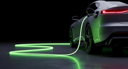Electric car being charged with a green wire on a black background in a dark room power supply to vehicle for zero emission 130 characters