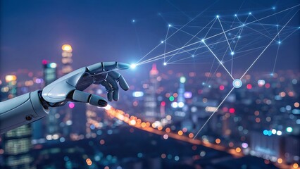 Futuristic city panorama with a robot hand reaching for a digital network connection at night conveying technology advancement