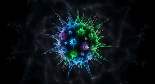 Abstract virus or bacteria digital illustration with sharp, spiky cell protrusions and vibrant green and blue colors on a dark background