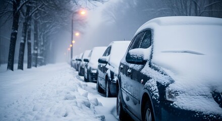 Snowy street with cars covered with fresh snow parked along a street with streetlights in winter scene with cold and wet weather 130 characters