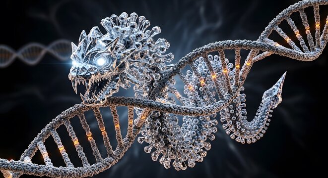 Aggressive virus or pathogen taking the shape of a menacing crystal dragon head wrapped around a glowing double helix DNA strand concept