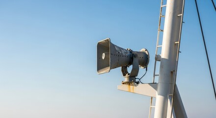 Loudhailer mounted high on a ship mast against a clear blue sky ready to make an announcement