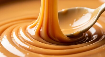 Close up of rich liquid caramel pouring and swirling with a spoon