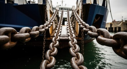 Heavy rusty chains secure large ship for industrial maritime transport and dependable harbor access