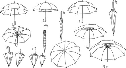 Black and White Outline Set of Umbrellas in Various Poses for Rain, Protection, Weather, and Autumn Themes.