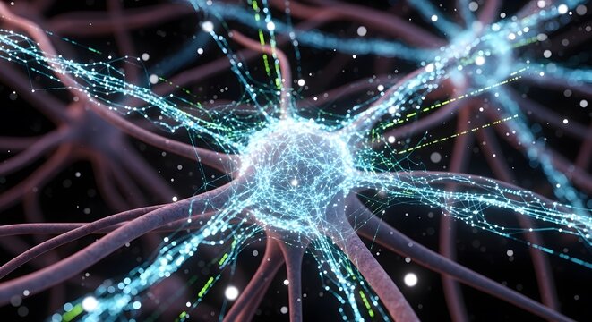 Close-up visualization of a single glowing neuron cell within a complex neural network, featuring bright blue synaptic connections and impulses transmitting information, symbolizing thought