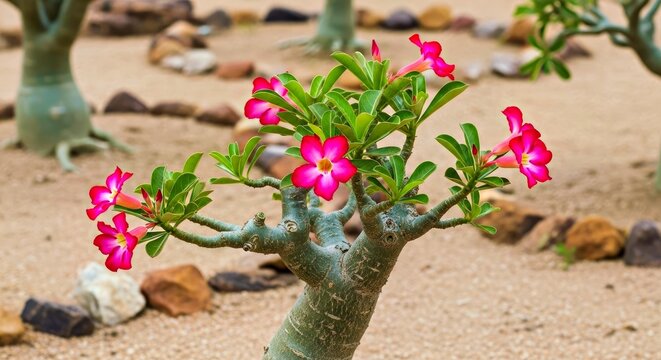 Desert Rose Plant with Twisted Trunk and Vivid Magenta Blossoms Succulent Art