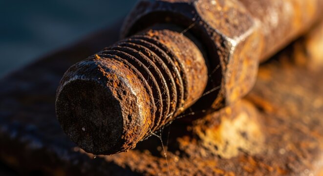 Detailed rusted bolt and nut, showcasing industrial decay and textural detail in a macro close up shot