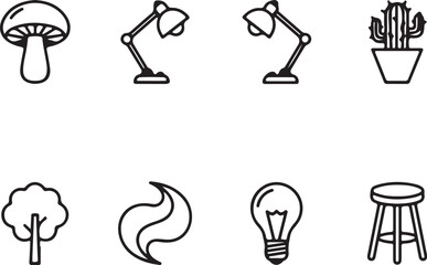 Obraz premium Collection of Eight Black and White Outline Icons of Objects and Nature Elements on a White Background Keywords: icon, illustration, outline, black and white, also transparent background