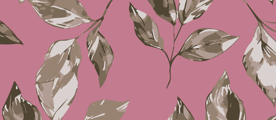Seamless shawls, dupatta, scarfs design pattern of stylized leaves with a painterly texture in muted green and beige tones on a soft pink background