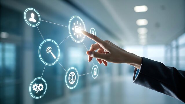 Interactive Touchscreen Interface with User Connecting to Digital Network and Various Application Icons Modern Business Technology and Digital Transformation Concept