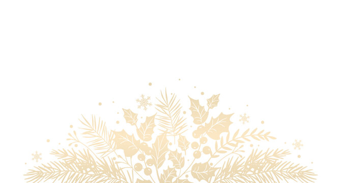 Winter golden floral frame. Border. Luxury Christmas pattern with fir branches and holly leaves. Vector illustration with elegant hand drawn winter botanical decorative elements