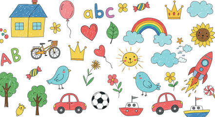 Whimsical collection of cartoon elements for children s designs including alphabet animals vehicles and nature scenes