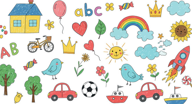 Whimsical collection of cartoon elements for children s designs including alphabet animals vehicles and nature scenes