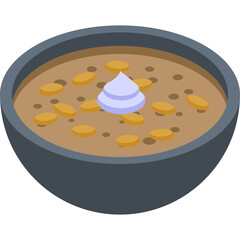 Isometric Pixel Art Bowl of Brown Stew with Yellow Beans and White Cream Garnish Against Transparent Background