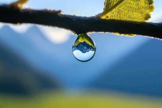 Discover stunning mountain scenery reflected in a pristine water droplet, a mesmerizing macro view of nature's beauty and tranquil reflections for mindful ...