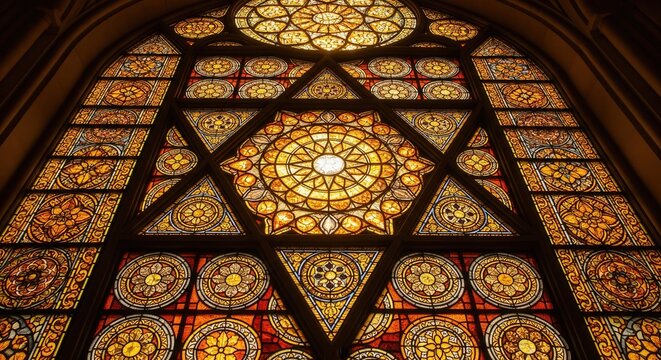 A detailed stained glass window with a Star of David glowing in warm sunlight. This historic, spiritual image is ideal for themes of religion, architecture, art, and heritage. - Powered by Adobe