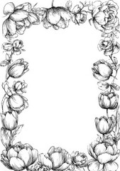 Elegant Hand-Drawn Floral Frame Featuring Various Blossoms in Detailed Black and White Sketch Design for Art and Decor Use