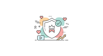Digital security, quality, and online success concept in line art. Illustrates social media engagement, brand protection, and business growth for web and app design