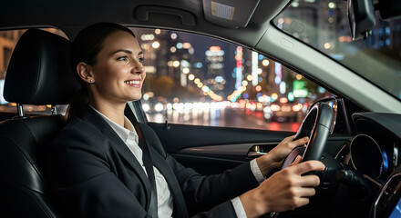 Confident businesswoman driving at night through urban city