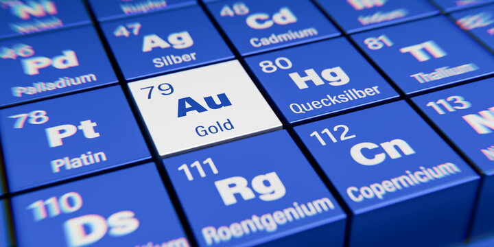 Detail view of the chemical element Au Gold with the atomic number 79 within the periodic table of elements in German. Dynamic dispersion effect at the corners and shallow depth of field. - Powered by Adobe
