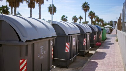 Blurred row of dumpsters and recycling bins in shallow bokeh on a sunlit street, lined along a tiled sidewalk beneath palm trees; backplate template overlay calm.