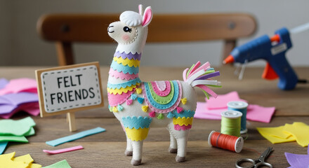 Colorful Handmade Felt Llama Toy with Craft Supplies on Wooden Table