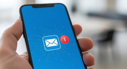 Closeup of a hand holding a smartphone displaying an email icon with a red notification bubble for new unread messages