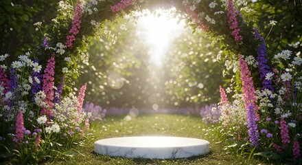 White Marble Pedestal Surrounded by Blossoming Flowers in a Sunlit Garden Setting for Product Display and Natural Beauty Presentations