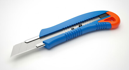 Blue and Orange Utility Knife with Retractable Blade on White Background