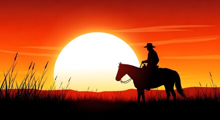 Cowboy Riding Horse at Sunset Silhouette with Orange Sky in Background is Beautiful and Peaceful Illustration Art Vector Image