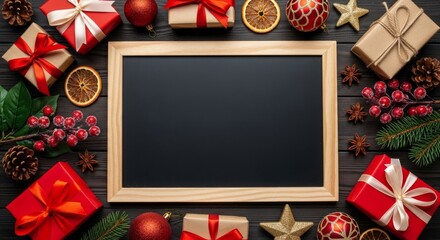 Blank Chalkboard Christmas Mockup with Gifts and Decorations on Dark Wooden Table