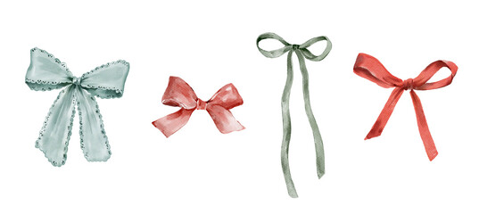 Watercolor set of a lace and satin bows. Cozy winter design. Hand painted element for invitation, social media and posters.
