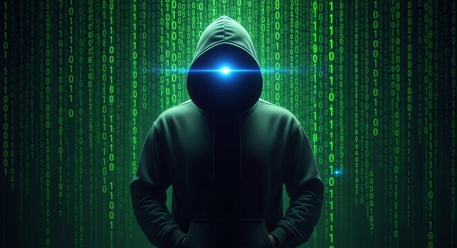 Mysterious hooded hacker with glowing eyes stands before a digital matrix code background, representing cyber security threats and anonymity - Powered by Adobe