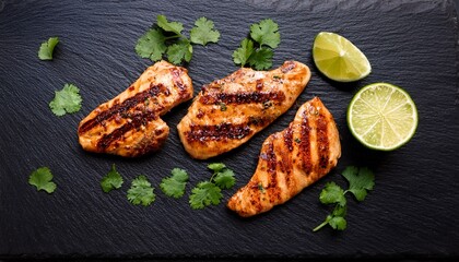 grilled chipotle chicken breast slices accompanied by lime and fresh cilantro on a dark stone platter viewed from above