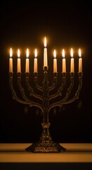 Fototapeta premium A golden Hanukkah menorah with all nine candles lit against a dark background. This creates a warm, spiritual mood for the Jewish Festival of Lights. Ideal for holiday content.