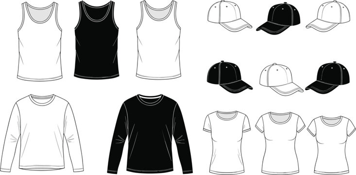 Black clothing silhouettes, shirt and cap designs, fashion illustration board, garment style chart, apparel reference sheet, retail catalog inspiration