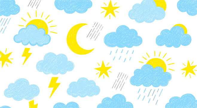 Whimsical weather pattern featuring handdrawn clouds, suns, moons, stars, and raindrops, creating a cheerful and dreamy atmosphere, isolated on