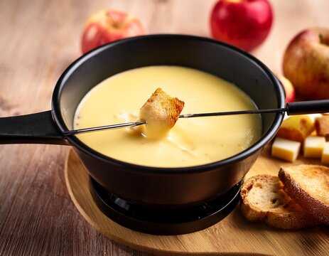 delicious cheese fondue with bread and apples in a black pot perfect for cozy gatherings anytime