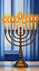 Fototapeta premium A watercolor painting of a golden Hanukkah menorah with nine lit candles. The warm glow creates a peaceful, festive mood. Ideal for holiday greetings, cultural articles, or decorations.