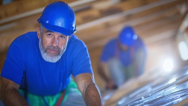 Roofing Crew at Work: A seasoned construction worker, clad in a blue helmet, meticulously inspects the framework of a roof, focusing on details. A fellow worker can be seen in the background.