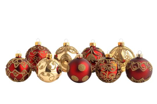 red and gold christmas ornaments collection, festive bauble set isolated on white