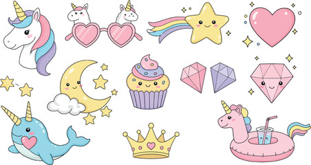 Fototapeta premium Collection of cute kawaii style illustrations featuring unicorns narwhal cupcake moon stars hearts and crown
