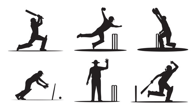 Set of cricket player silhouettes in action poses vector illustration for sports design isolated on white background